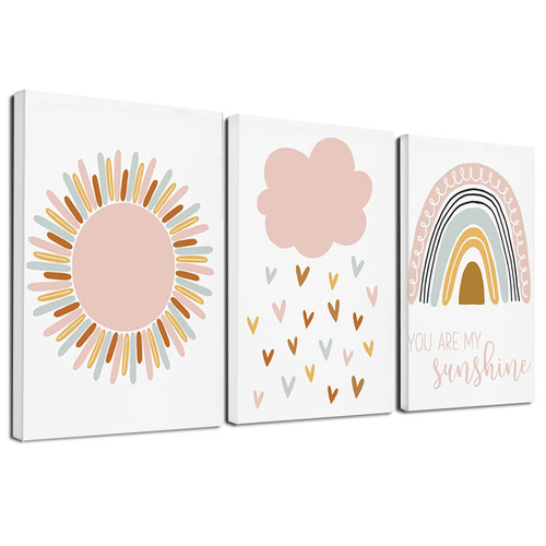 Nicjoy Pink Sun Clouds Wall Art Kids Poster Nursery Rainbow Canvas Print Nordic Kids Bedroom Decor Painting Picture 3Psc/set (12X16inchx3(30x40cmx3),No Frame)