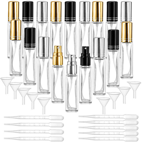 Foraineam 18 Pack 10ml Glass Perfume Spray Bottles, Mini Refillable Empty Perfume Atomizer Bottle, Fine Mist Perfume Bottles Clear Glass Fragrance Bottle with Droppers and Funnels