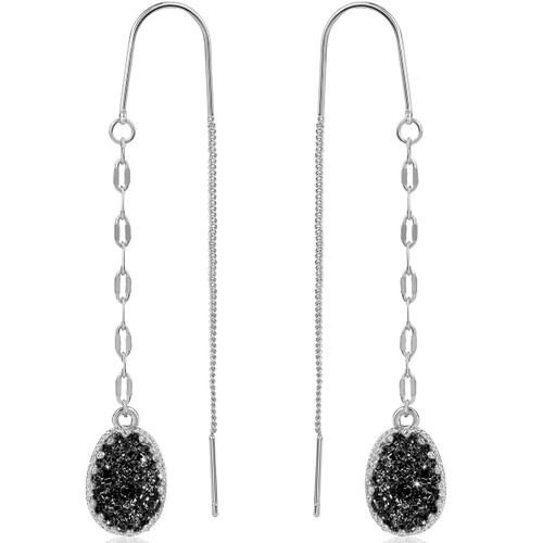 Humble Chic Simulated Druzy Chain Drop Threader Earrings - Long Dangle Earrings for Women, Pull Through Thread Earrings with Trendy Boho Dangling Chain, Silver - Black Stone