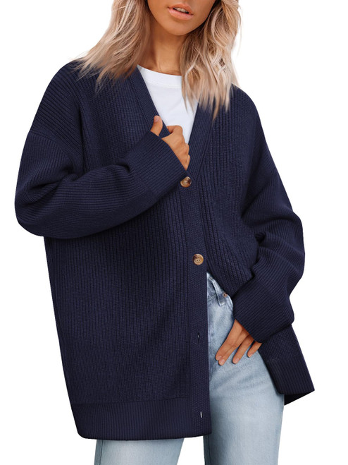 EFAN Women's Cardigan 2023 Open Front Oversized Button Lightweight Sweaters V Neck Loose Cardigans Knit Outwear Navy Blue