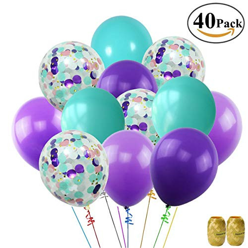 Sorive Mermaid Balloons 40 Pack, 12 Inch Light Dark Purple Seafoam Blue Latex Balloons with Confetti Balloon for Mermaid Party Decorations Birthday Party Supplies with Ribbon