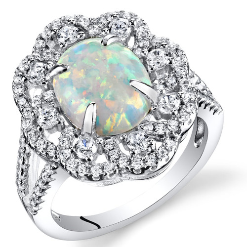 Peora Created Opal Victorian Ring Sterling Silver Oval Cabochon 1.25 Carats Size 9