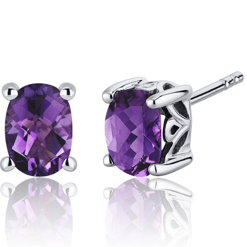 Peora Amethyst Stud Earrings 925 Sterling Silver, Solitaire Scroll Gallery, Natural Gemstone Birthstone, 1.50 Carats Total, Oval Shape 7x5mm, Friction Backs