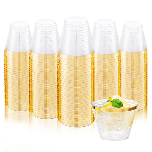 Ciaell 200PCS Gold Plastic Cups - 9Oz Heavy Duty Plastic Cups - Gold Rimmed Plastic Cups - Disposable Clear Plastic Cups with Gold Rim for Party & Wedding