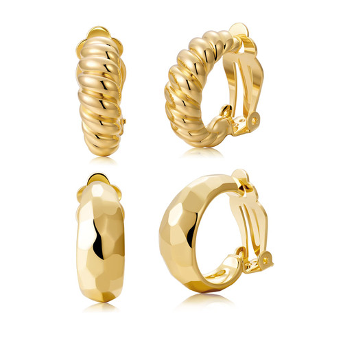 Clip on Earrings Women, 14K Gold Hoop Clip-On Earrings for Women Girls, Hypoallergenic Non Pierced Croissant Earrings Clip on Earrings Women, 14K Gold Hoop Clip-On Earrings for Women Girls, Hypoallergenic Non Pierced Croissant Earrings
