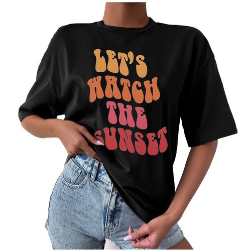 Wirziis Summer Womens Tops Funny Letter Print T Shirts Fashion Short Sleeve Crewneck Casual Loose Fit Solid Tunic Tops