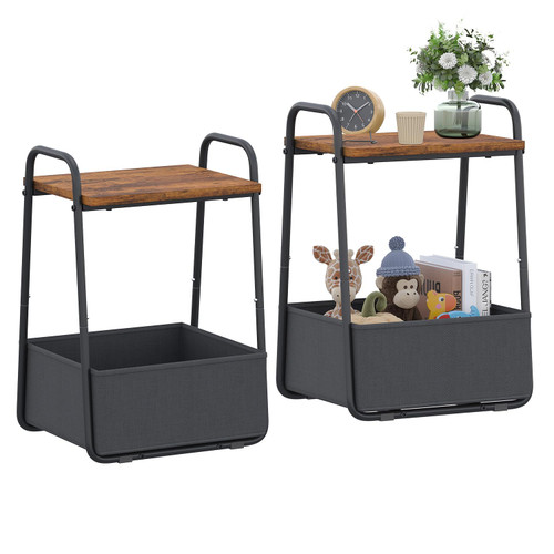 Heybly Side Table Set of 2, Nightstand with Fabric Storage Basket, Sofa End Table with Metal Frame for Living Room, Bedroom, Rustic Brown and Black HET002NSR2