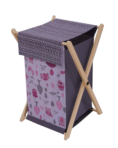 Bacati Owls Girls Cotton Hamper, Pink/Grey