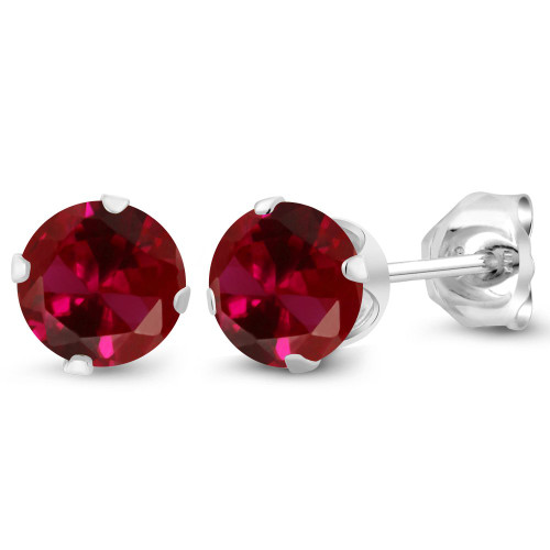 Gem Stone King 925 Sterling Silver Red Created Ruby Stud Earrings For Women (1.20 Cttw, Round 5MM)