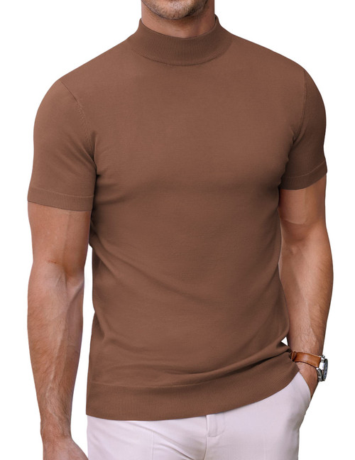 COOFANDY Mens Mock Turtleneck Sweater Short Sleeve Solid Color T-Shirts Basic Slim Fit Knitted Pullover Tees
