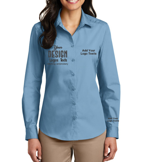 INK STITCH Women LW100 Custom Personalized Embroidery Add Logo Texts Easy Care Long Sleeve Dress Buttondown Shirts - Carolina Blue (M)