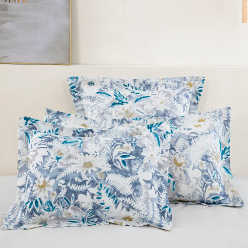 DAUAOTO Floral Garden Cotton Shams Pillow Cover 2 Pieces Set 20"x26" Standard Size Pillowcases, Aesthetic Botanical Flower Blue Pattern