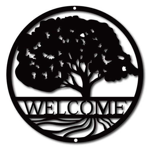 CREATCABIN Tree of Life Metal Wall Art Welcome Round Black Wall Signs Hanging Sculpture for Home Bedroom Kitchen Garden Housewarming Gift Christmas Halloween Holiday Wall Decoration 10 x 10inch