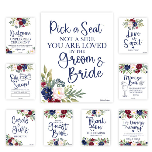 9 Floral Wedding Signs For Ceremony And Reception - Unplugged Ceremony Sign For Wedding Reception Signs, Pick A Seat Not A Side Wedding Sign Set, Love Is Sweet Sign For Dessert Table Signs For Wedding