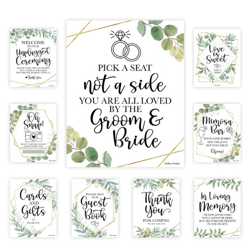 9 Greenery Wedding Signs for Ceremony and Reception - Unplugged Ceremony Sign for Wedding, Pick A Seat Not A Side Wedding Sign Set, Love is Sweet Sign for Dessert Table Signs for Wedding