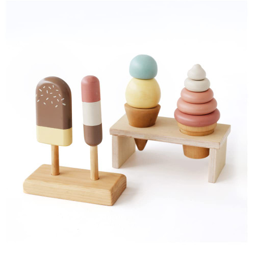 Lettering and Life Ice Cream Toy Pretend Food Toddler Toy Play Ice Cream Set for Kids Pretend Play Kitchen Playset Kids Wooden Toy Kitchen Accessories Set (Gelato Flavor)