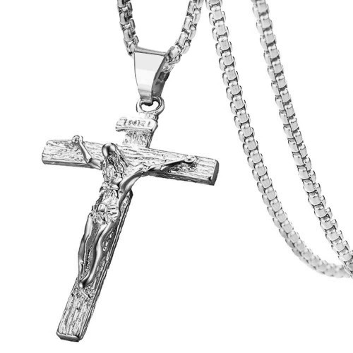 Jesus Crucifix Cross Pendant Necklace Stainless Steel/18K Gold Jesus Christ Baptism Christian Jewelry with Chain for Men (silver/30" chain)