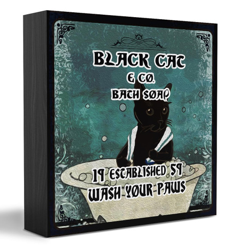 Retro Black Cat and Tub Bathroom Wooden Box Sign Table Decor Plaque Black Cat & Co. Bath Soap Wash Your Paws Wood Box Sign Art Home Bathroom Shelf Desk Decoration 5 x 5 Inches