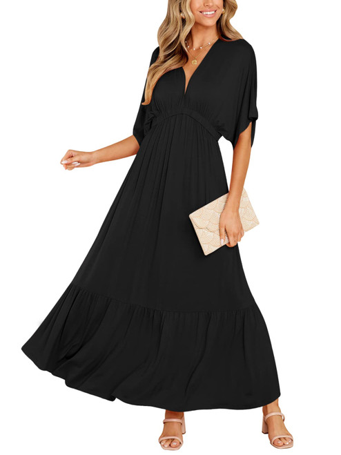 DEEP SELF Women's Black Deep V Neck Short Sleeves Maxi Dress Hight Waist Casual Loose Long Summer Beach Vacation Dress