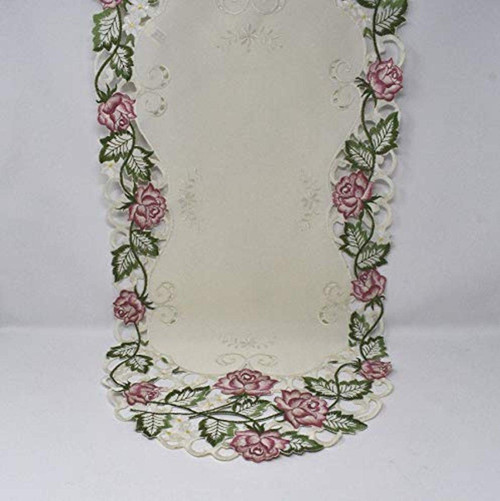 Sainty H7538/RS-(12x65) Pink Rose Table Runner, 12" x 65", Cream