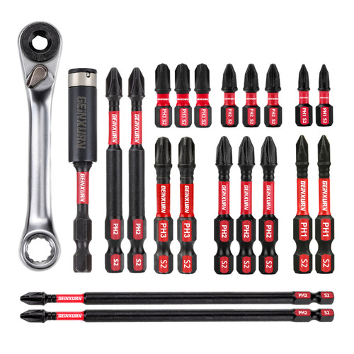 P.I.T. Impact Tough Phillips Bits PH1/PH2/PH3 Insert Driver Bits,20Pack Bulk Phillips Screwdriver Bits Set with 1Pcs Impact Bit Holder and Mini Wrench