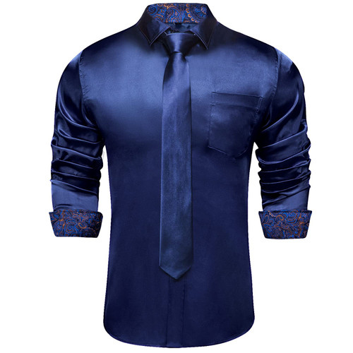 DiBanGu Navy Blue Shirt and Tie Sets for Men Long Sleeve Dress Shirt Solid Color Button-Down Shirts with Pocket M
