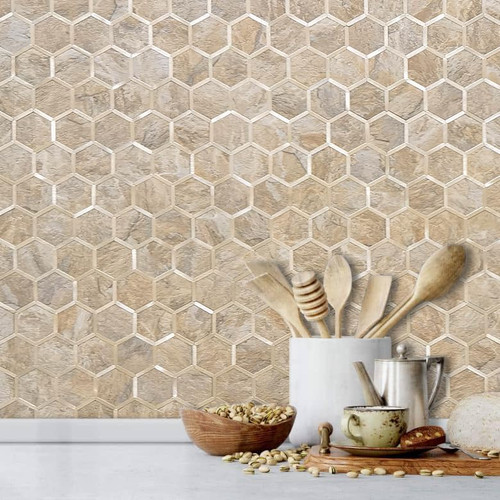 DICOFUN Hexagon Peel and Stick Backsplash Tile, Sandstone Look with Light Gold Kitchen Backsplash Peel and Stick Wall Tiles, 1
