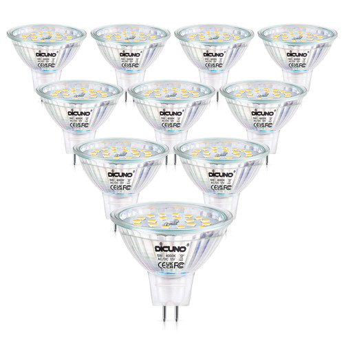 DiCUNO MR16 LED Bulbs Dimmable 50W Halogen Replacement 12V AC/DC 4000K Natural White, 5W GU5.3 Bi-Pin Base Glass Cover 120 Degree Beam Angle 500LM for Spotlights, Track, Landscape Lighting, 10 Packs