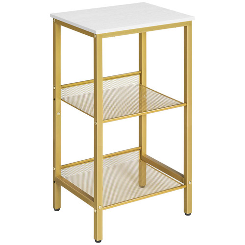 HOOBRO Side Table, 3-Tier End Telephone Table with Adjustable Mesh Shelves, for Office Hallway or Living Room, Modern Look Accent Furniture, Tall and Narrow, White and Gold DW01DH01G1