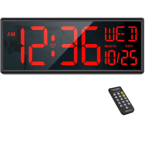 Soobest Large Display Digital Wall Clock with Date and Day of Week, Remote Control LED Clock with Dimmer (Red)