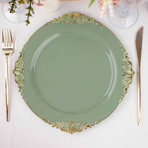 Efavormart 10 Pack | Dusty Sage/Gold Baroque 10" Round Plastic Dinner Plates, Disposable Tableware with Leaf Embossed Gold Rim