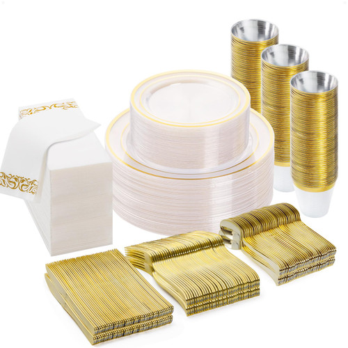 BESTVIP 350PCS Clear Gold Disposable Dinnerware Set (50 Guests), Plastic Plates for Party, Wedding, Party Supplies Include: 100 Plastic Plates, 50 Gold Silverware, 50 Cups, 50 Napkins