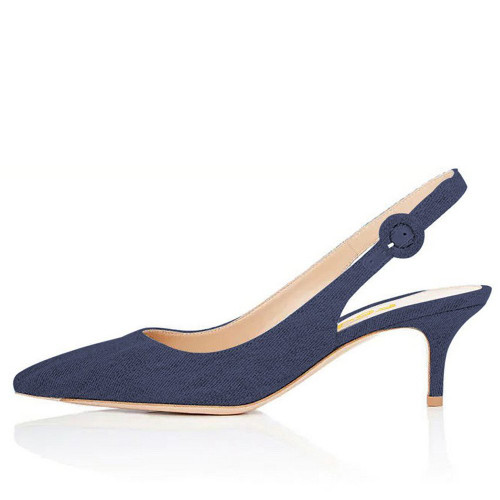 Divanne Slingback Pumps, Women's Pointed Toe Low Heel Sandals Slingback Strap Kitten Heel Pumps Evening Party Wedding Shoes-Navy Blue Denim-9M US