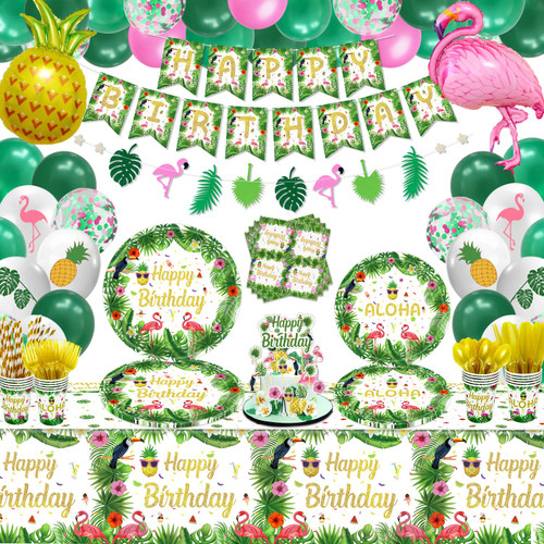 234 PCS Hawaiian Aloha Party Supplies Tropical Luau Party Decorations Hawaiian Party Decor Summer Party Tableware Set - Plates, Banner, Balloons, Cups, Napkins, Palm Leaves, Tropical Garland Serves 20