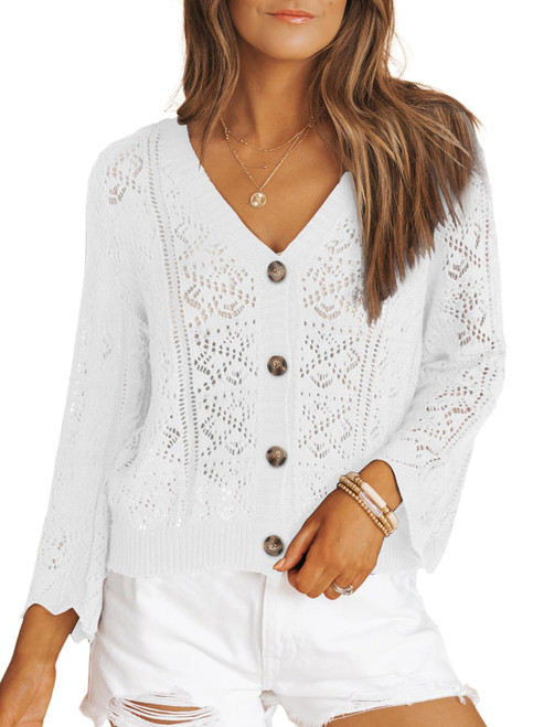 Dokotoo Cropped Cardigans for Women 2023 V Neck Button Down Lightweight Open Front Crochet Cardigan Sweater Jacket Long Sleeve Hollow-Out Casual Loose Bolero Sweater White Shrugs Medium