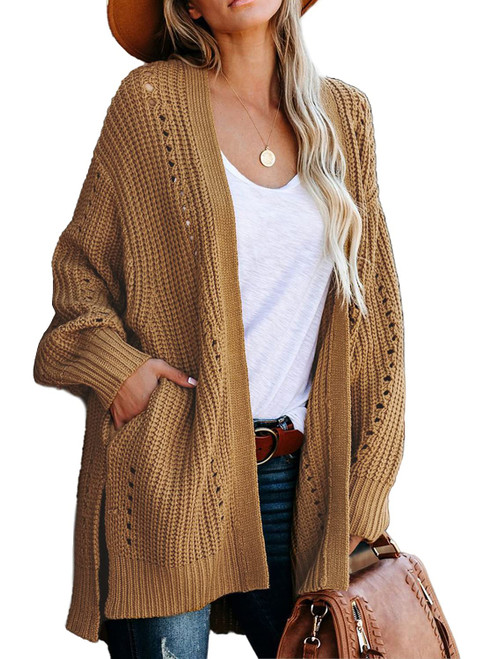 Dokotoo Womens Winter Fall Oversized Open Front Cozy Long Sleeve Side Slit Cardigans Sweaters Soft Thick Chunky Cable Knitted Fashion Coats Outerwear Cardigans Jackets with Pockets Apricot Medium