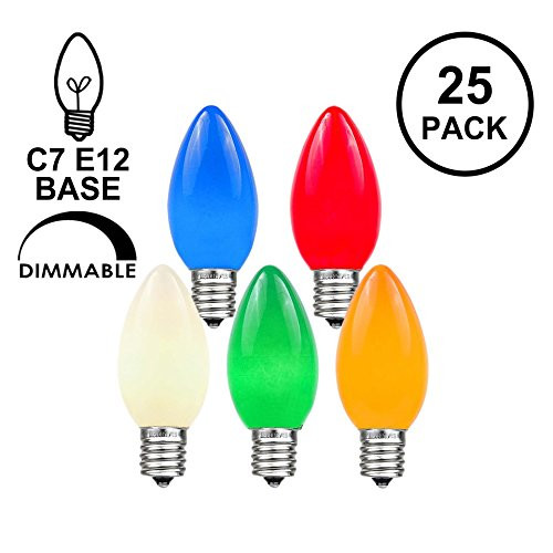 Novelty Lights 25 Pack C7 Outdoor String Light Ceramic Christmas Replacement Bulbs, Multi, C7/E12 Candelabra Base, 5 Watt
