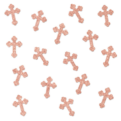 Christening Cross Table Confetti - God Bless Table Decorations - First Communion, Cross Confetti for Baby Shower Baptism Party Decorations, Rose Gold Glitter (220Pcs)