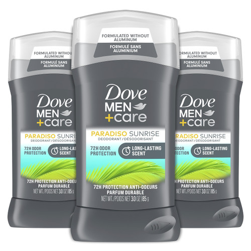 Dove Men+Care Deodorant Stick for Men Aluminum Free 72-Hour Odor Protection Paradiso Sunrise 3 Count Mens Deodorant with Essential Oils & 1/4 Moisturizing Cream 3 oz