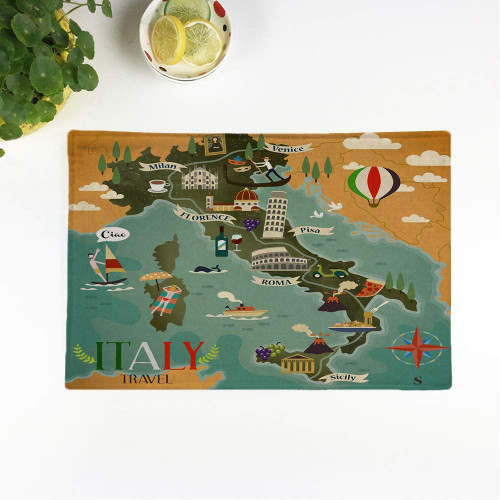 rouihot Set of 4 Placemats Colorful Italy Travel Map Attraction Symbols Compass Sign Non-Slip Doily Place Mat for Dining Kitchen Table