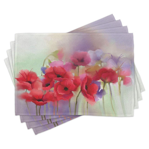 Ambesonne Flower Place Mats Set of 4, Poppy Flowers Blur Spring Floral Seasonal Romantic Illustration Print, Washable Fabric Placemats for Dining Table, Standard Size, Purple Pink