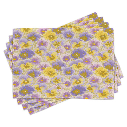 Ambesonne Floral Place Mats Set of 4, Hand Drawn Pansy Flowers Garden Botanical Watercolor Pattern, Washable Fabric Placemats for Dining Room Kitchen Table Decor, Lavender Lilac Yellow