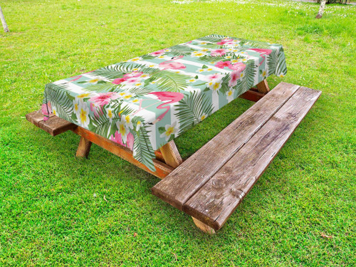 Ambesonne Flamingo Outdoor Tablecloth, Flamingos with Exotic Hawaiian Leaves Flowers on Striped Vintage Background, Decorative Washable Picnic Table Cloth, 58" X 104", Green Pink