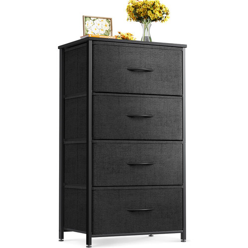ODK Dresser for Bedroom with 4 Storage Drawers, Small Dresser Chest of Drawers Fabric Dresser with Sturdy Steel Frame, Dresser for Closet with Wood Top, Black