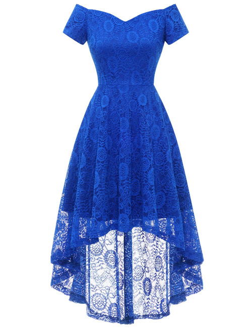 Dressystar Womens Off The Shoulder Short Sleeve High Low Cocktail Skater Dress Floral Lace Dresses for Women A-line Swing Party Dress LF20 Royal Blue XXXL