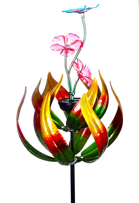 69 Inch Solar Butterfly Tulips Wind Catcher for Yard Kinetic Wind Spinner with Garden Stake, 360 Swivel Butterfly Tulips Outdoor Wind Sculpture Spinners Metal Windmill-Kinetic Garden Decoration
