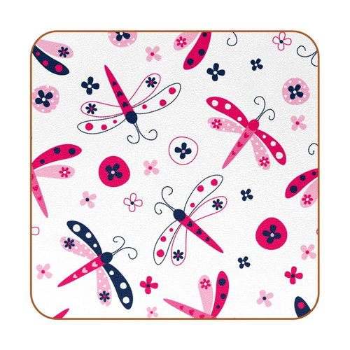 Coasters for Coffee Table, 6 Drink Coasters, Farmhouse Bar Coasters, Cool Housewarming Gift, New Home, Summer Flower Pink Dragonfly Cartoon Cute
