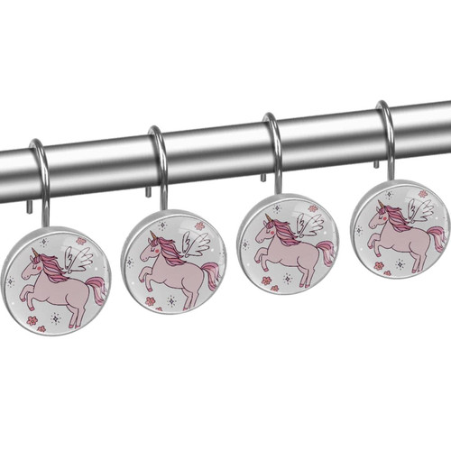 Shower Curtain Hooks, Rust Proof Shower Curtain Rings for Bathroom, Decorative Shower Curtain Hooks Hangers for Shower Curtain Rod, Set of 12, Unicorn Cartoon Pink Flower