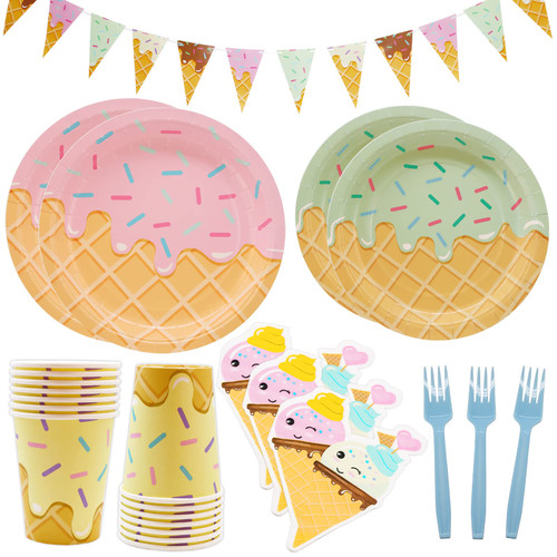 DYLIVeS 132 Pcs Ice Cream Birthday Party Supplies, Ice Cream Disposable Tableware Set Party Table Decorations for Girl, 9'' and 7'' Plates, Napkins, Cups, Forks, Banner, Serves 24