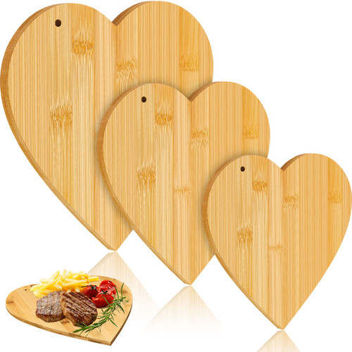 3 Pcs Heart Shaped Cutting Board Wood Bamboo Serving Board 13in 11in 8.3in Heart Shaped Charcuterie Bread Board Cheese Serving Platter for Wedding Anniversary Birthday